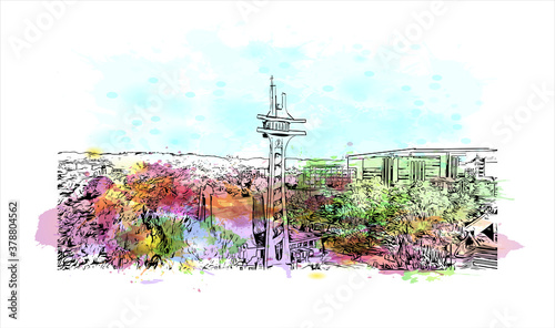 Building view with landmark of Banja Luka is the second largest city in Bosnia and Herzegovina. Watercolor splash with hand drawn sketch illustration in vector.