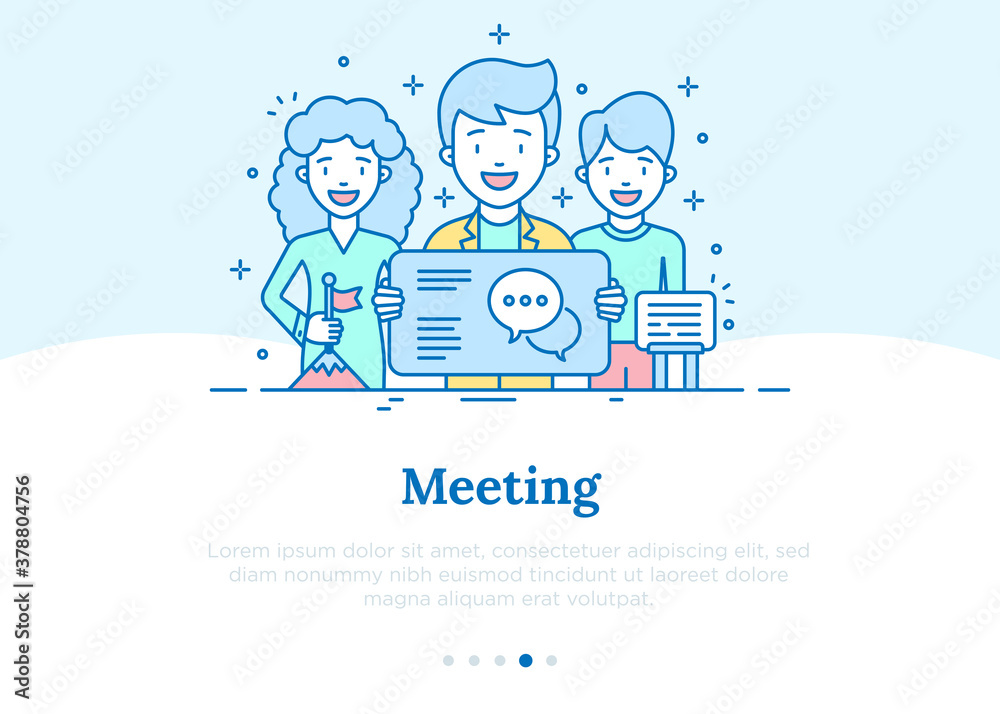 Meeting web page template: teamwork, presentation, partnership. Group of people at brainstorm. Vector illustration. Meeting web page template: teamwork, presentation, partnership. Group of people at brainstorm. Vector illustration.