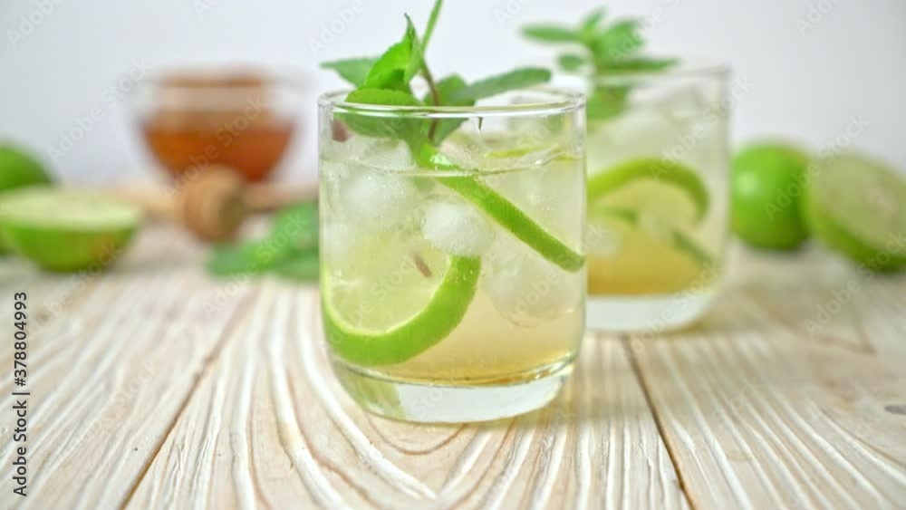 iced honey and lime soda with mint - refreshing drink