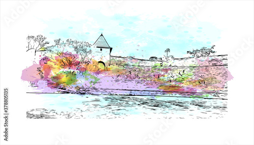 Building view with landmark of Banja Luka is the second largest city in Bosnia and Herzegovina. Watercolor splash with hand drawn sketch illustration in vector.