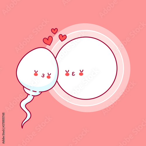 Cute happy funny sperm cell kiss ovum