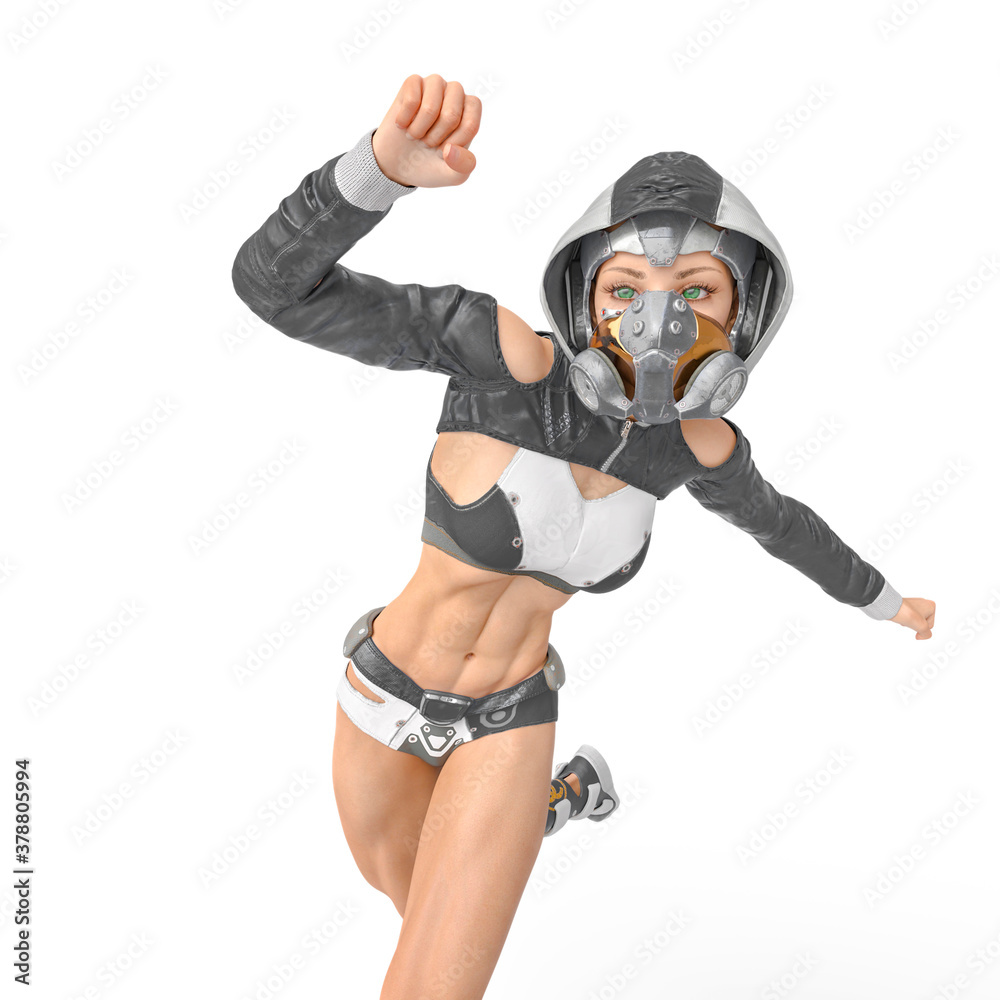 muscular woman in a cyberpunk suit running very fast in close up view