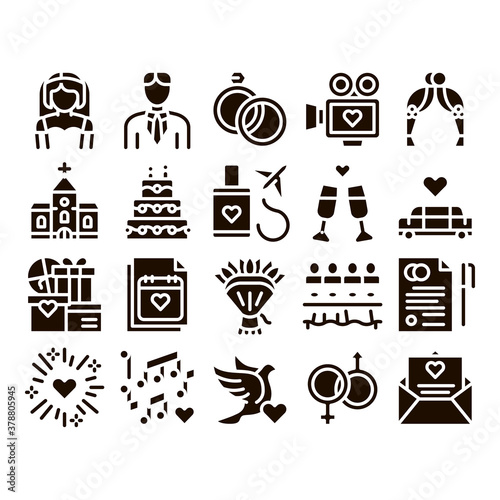 Wedding Glyph Icons Set Vector. Characters Bride And Groom, Rings And Limousine Wedding Elements Pictograms. Church And Arch, Fireworks And Dancing Glyph Pictograms Black Illustrations