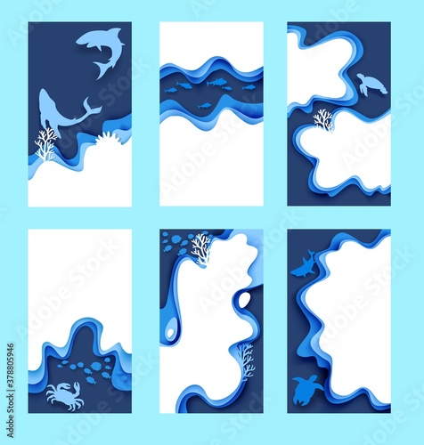 Underwater world social media stories, posts vector template. Undersea deep nature backgrounds with marine animals, copy space. Creative paper cut vector art illustration for poster, banner cover card