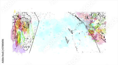 Building view with landmark of Banja Luka is the second largest city in Bosnia and Herzegovina. Watercolor splash with hand drawn sketch illustration in vector.