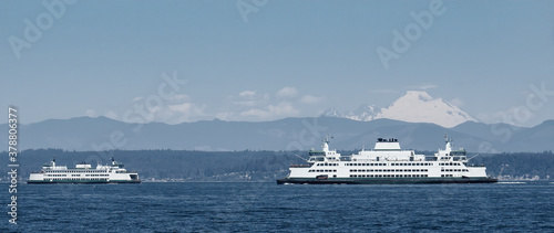 Obraz na plátne Two Washington State Ferries crossing on Puget Sound with Mt Baker in the backgr