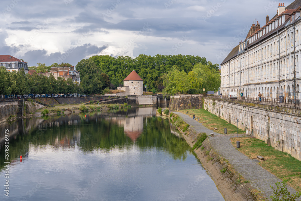 Besançon, France - 08 29 2020: View of the quays of the doubs from the Swing bridge