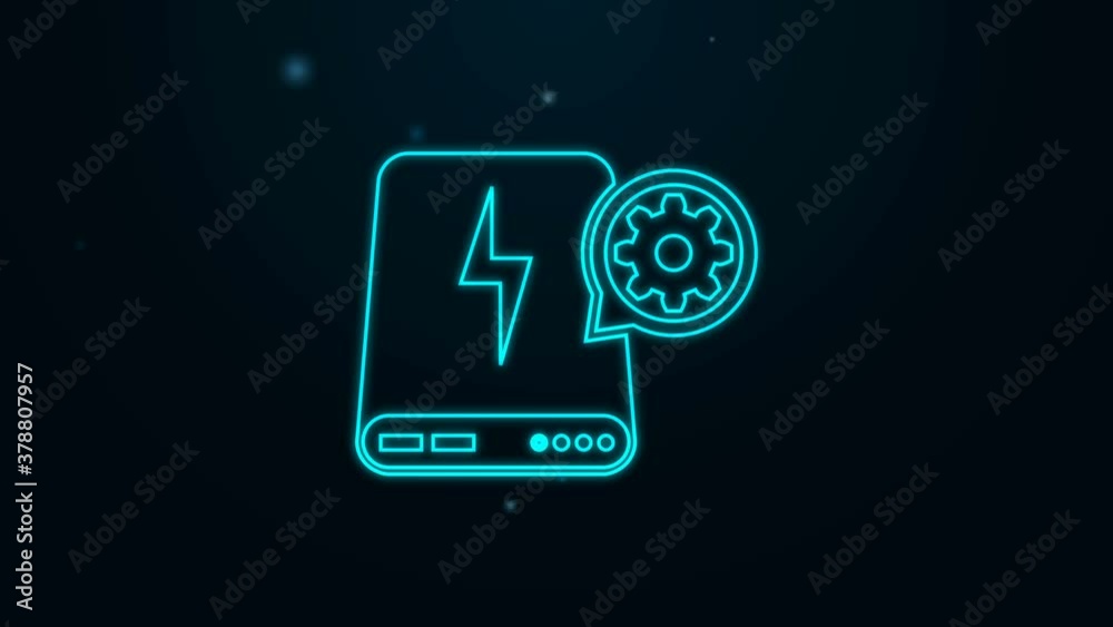 Glowing neon line Power bank and gear icon isolated on black background. Adjusting app, service concept, setting options, maintenance, repair, fixing. 4K Video motion graphic animation. Glowing neon line Power bank and gear icon isolated on black background. Adjusting app, service concept, setting options, maintenance, repair, fixing. 4K Video motion graphic animation.
