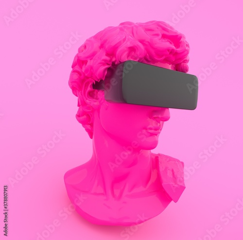 Postmodern style illustration from 3D rendering of classical head sculpture with VR visor headset.