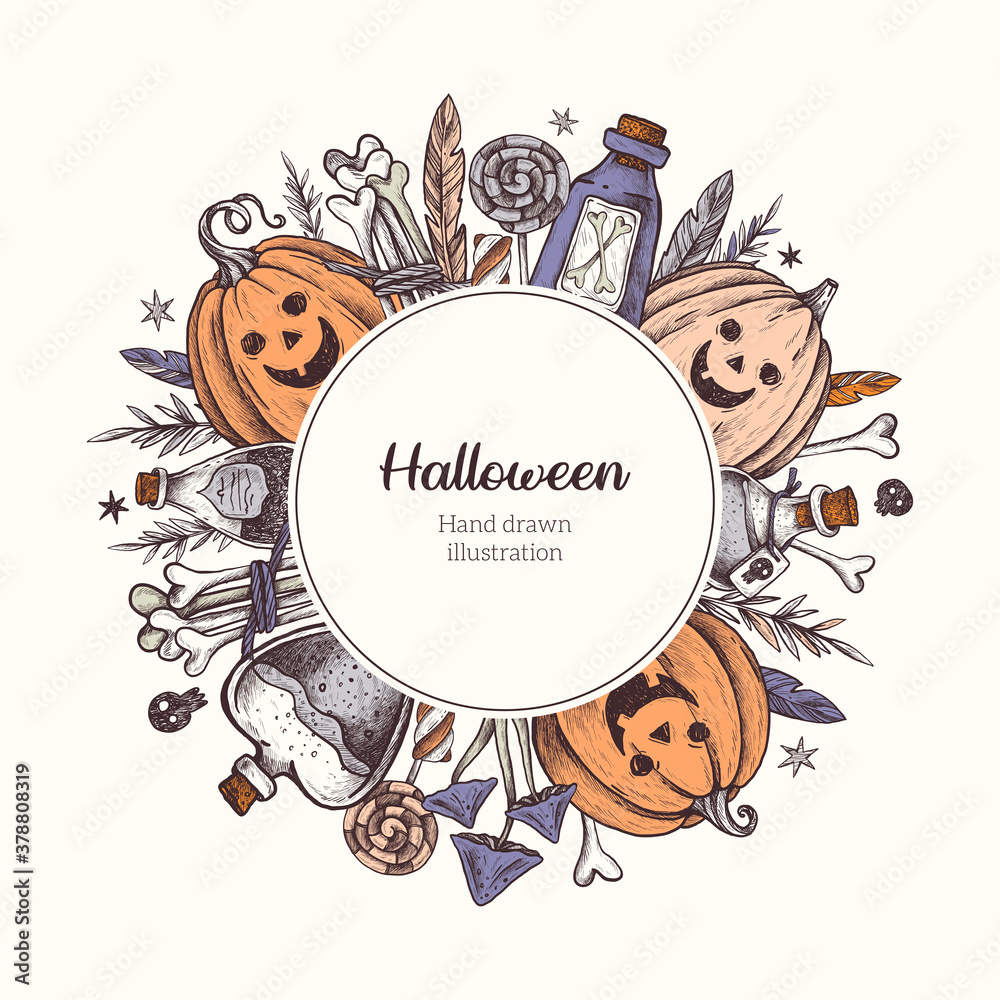 Halloween frame. Halloween decor. Vector Hand Drawn. Line art. Sketch