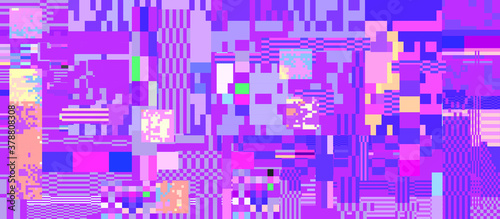 Glitch datamoshing camera effect. Retro VHS pink background like in old video tape rewind or no signal TV screen. Vaporwave and retrowave style vector illustration.
