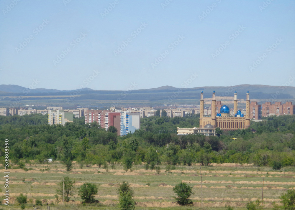 View of the city of Ust-Kamenogorsk (kazakhstan). Summer landscape. Cityscape