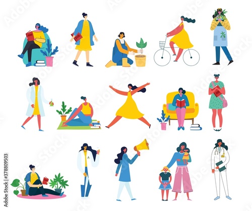 Vector illustration character set of smart business woman in various activities, action, gesture, in daily working life, start from go to work, working, finish, go home. Flat design.
