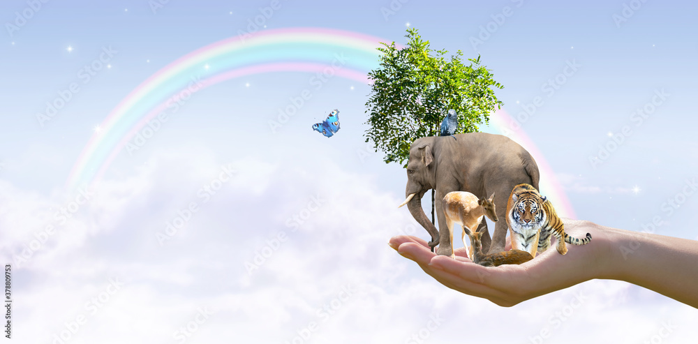 World Animal Day, Wildlife Day concept. Elephant, tiger, deer, parrot, tree  in hand and rainbow in sky. Saving planet, protect nature reserve,  protection of endangered species and biological diversity Stock Photo |