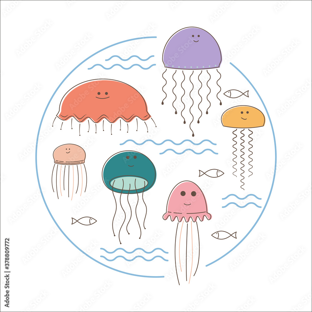 Jellyfish floating in the waves. Flat vector image