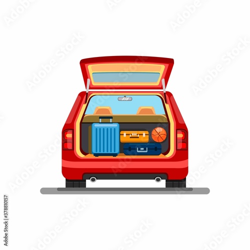 Suitcase luggage on trunk car. holiday vacation ride car symbol in cartoon illustration vector on white background