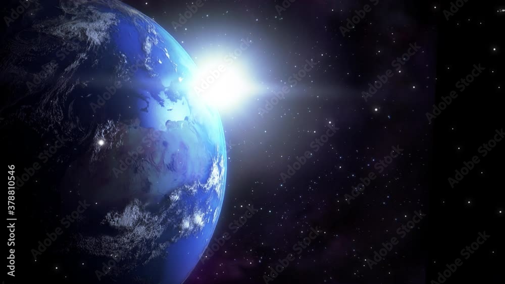 Intro video of earth with a light source in distance blinking depicting space and starts flyby. Apt for opener or blog or introduction videos.