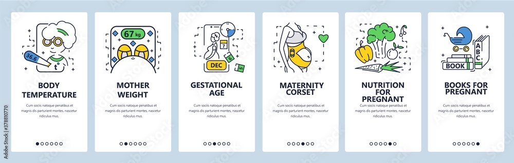 Obraz premium Pregnancy and baby tracking mobile app onboarding screens, vector website banner template
