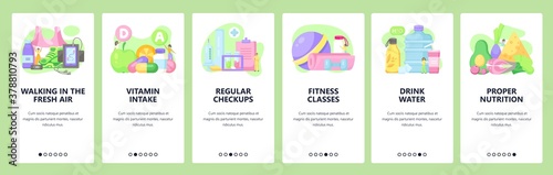 Healthy nutrition, rest and fitness. Mobile app onboarding screens, vector website banner template