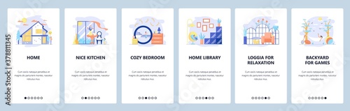 Home interior design. Mobile app screens, vector website banner template.
