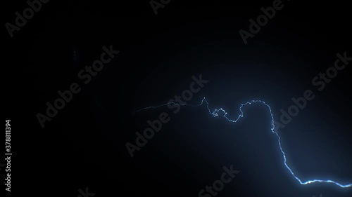 Beautiful Super Slow Motion Lightning Strikes from Skies to Camera. Realistic Thunderbolts Isolated on Black Background with Bright Blue Flashes. Electrical Storm Looped 3d Animation 4k UHD 3840x2160 photo