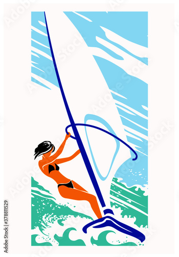 Under sail. Girl with black hair on a sailing board. Blue sky, green sea. Vector image for illustrations.