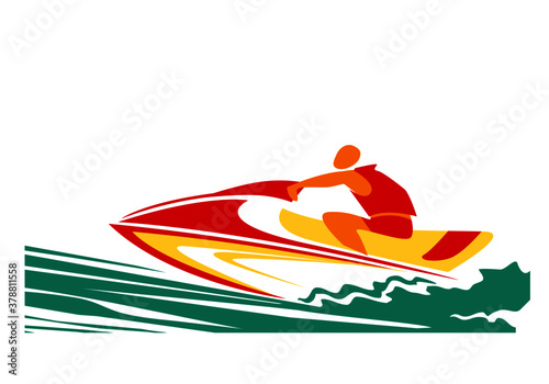 Speed at sea. Stylized drawing of a man on a jet bike. Vector image for logo or illustrations.