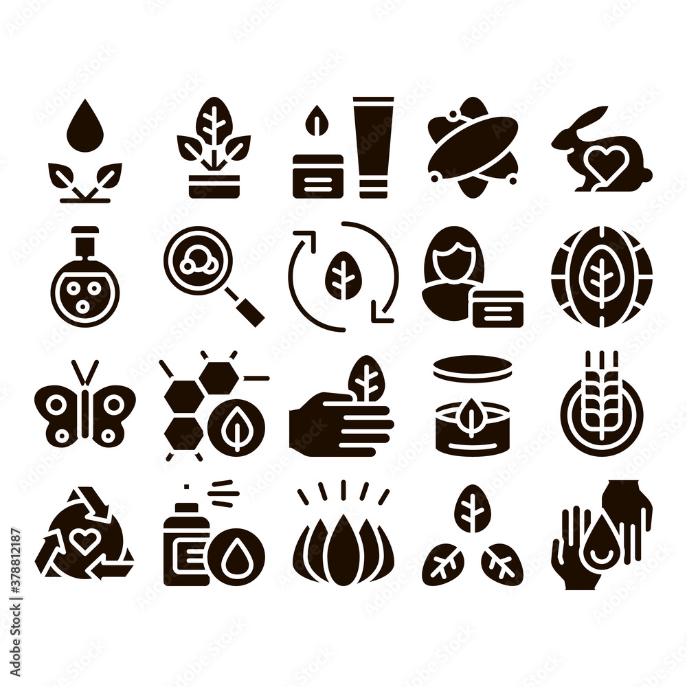 Organic Cosmetics Glyph Icons Set Vector. Organic Cosmetics, Natural Ingredient . Eco-friendly, Cruelty-free Product, Molecular Analysis, Scientific Research Glyph Pictograms Black Illustrations