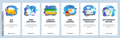 Job perks, benefits for wellbeing, higher productivity of employees. Mobile app screens, vector website banner template.