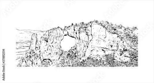 Building view with landmark of Banjaluka is the second largest city in Bosnia. Hand drawn sketch illustration in vector.