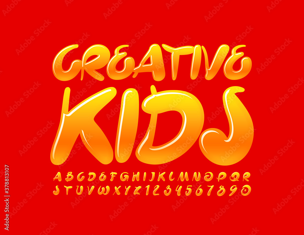 Vector bright emblem Creative Kids. Glossy gradient Font. Artistic trendy Alphabet Letters and Numbers set
