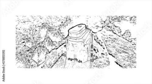 Building view with landmark of Banjaluka is the second largest city in Bosnia. Hand drawn sketch illustration in vector.