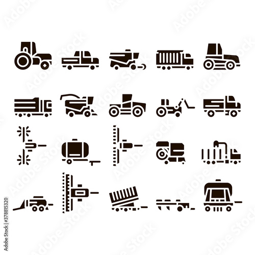 Agricultural Vehicles Glyph Icons Set Vector. Agricultural Transport, Harvesting Machinery Pictograms. Harvesters, Tractors, Irrigation Machines, Combines Glyph Pictograms Black Illustrations