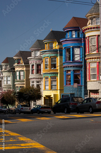 Victorian style houses in a city, Haight-Ashbury, San Francisco, California, USA