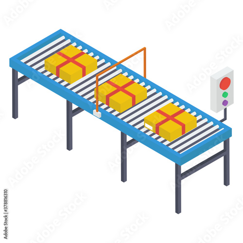 
Boxes on automatic mechanical packaging, conveyor belt icon.
