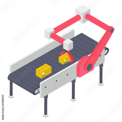 
Boxes on automatic mechanical packaging, conveyor belt icon.
