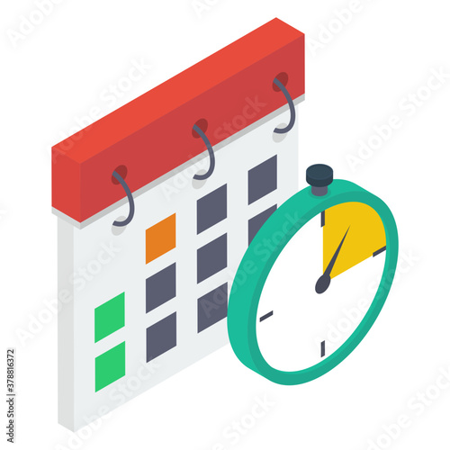 
Stopwatch with calendar, schedule icon, isometric vector.
