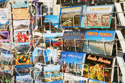 Postcard stand at a market stall, Santa Monica, Los Angeles County, California, USA