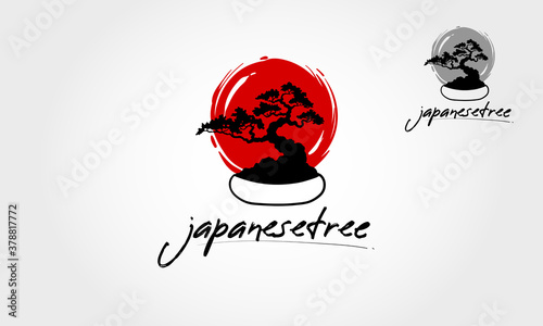 Japanese Tree Vector Logo Template. Life logo illustrating a bonsai tree strength. This concept could be used for recycling, environment associations, landscape business. 
