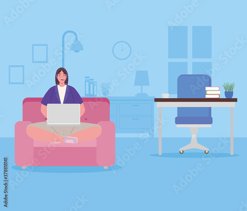 telework, woman in the living room, working from home vector illustration design
