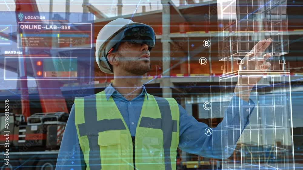 Futuristic Architectural Engineer Wearing Augmented Reality Headset, Uses Gestures to Create 3D Graphics VFX Model of a Building with Infographics. In Background Construction Site in Progress