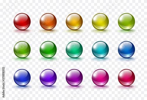 Glass ball set isolated on transparent background. Colorful orbs, pills, 3d gel spheres. Vector bubbles or round buttons with shadows