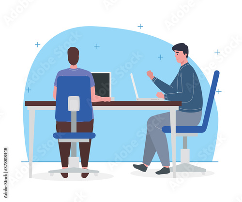 coworking space, men with laptops in desk, concept team working vector illustration design
