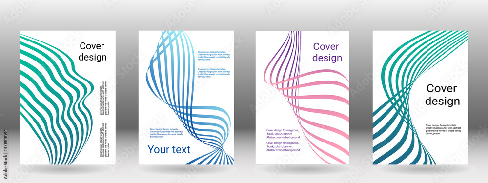 Set of abstract covers. Cover design, background. Shades of blue, green, wavy parallel gradient lines. Trendy banner, poster. EPS vector