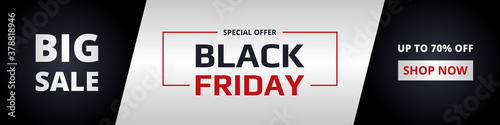 Black friday, wide banner. Black friday dark, silver and red vertical banner template. Big sale, special offer, up to 70% off.