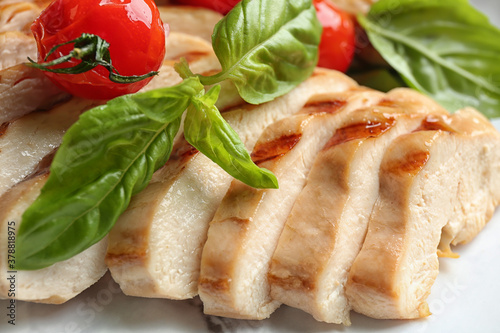 Tasty grilled chicken fillet with green basil and tomato on plate, closeup