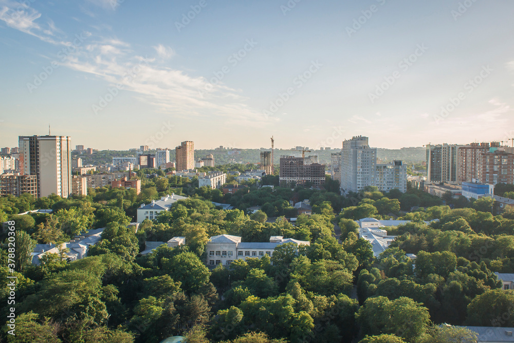 Big city view above in summer with buildings, trees, park in Rostov-on-Don, Russia