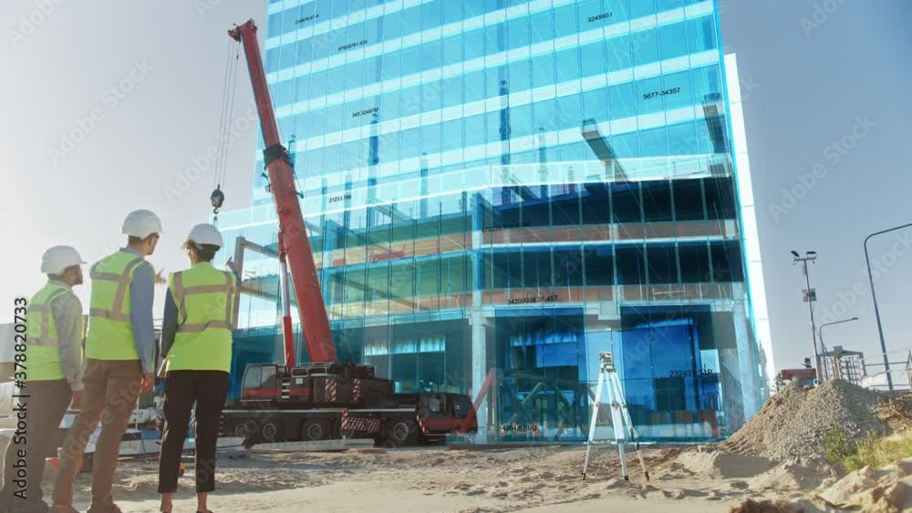 Real Estate Project Construction Site with Architectural Engineer, Investor and Worker Finish Industrial Building Development by Using 3D VFX Graphics. Futuristic Concept of Buildings Development