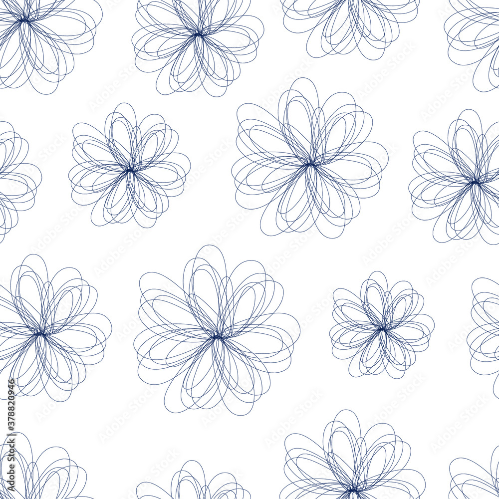 Seamless vector illustration with abstract flowers. Silhouette with dark blue flowers on a white background. Textile, print pattern. 