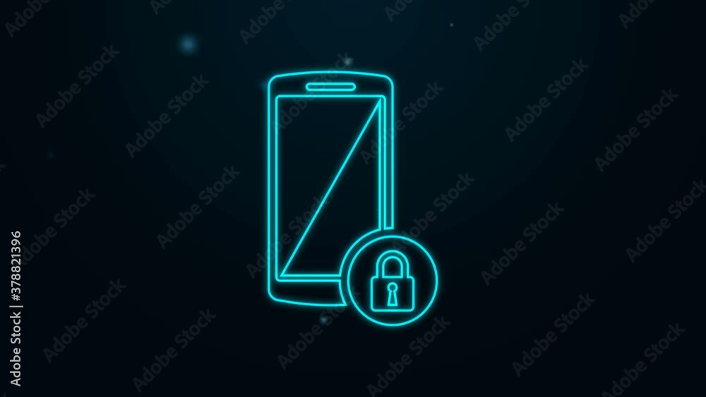Glowing neon line Smartphone with closed padlock icon isolated on black background. Phone with lock. Mobile security, safety, protection concept. 4K Video motion graphic animation. Glowing neon line Smartphone with closed padlock icon isolated on black background. Phone with lock. Mobile security, safety, protection concept. 4K Video motion graphic animation.